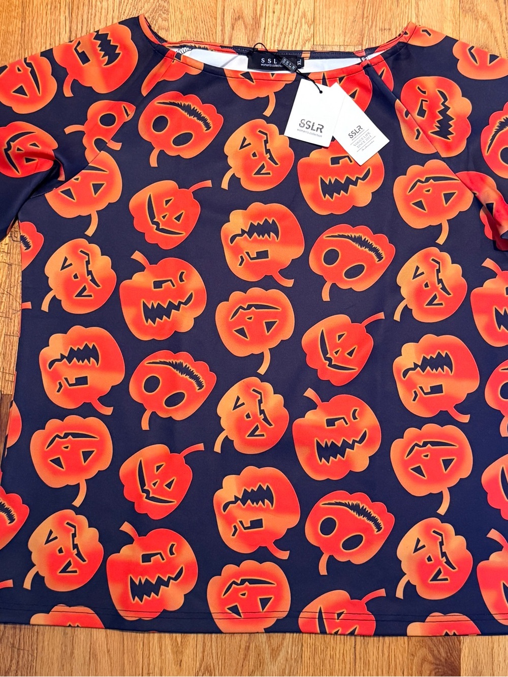 Ladies Black & Orange Pumpkin Print Long Sleeve Tee - XL